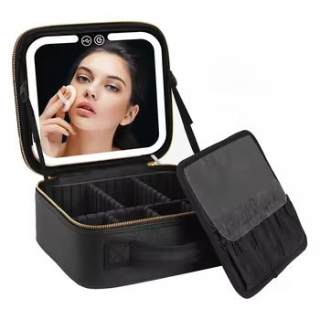 Black makeup case with a mirror on a white background