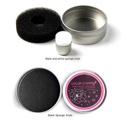 Color cleaner kit with black sponge, white cotton ball, and metal container on a white background