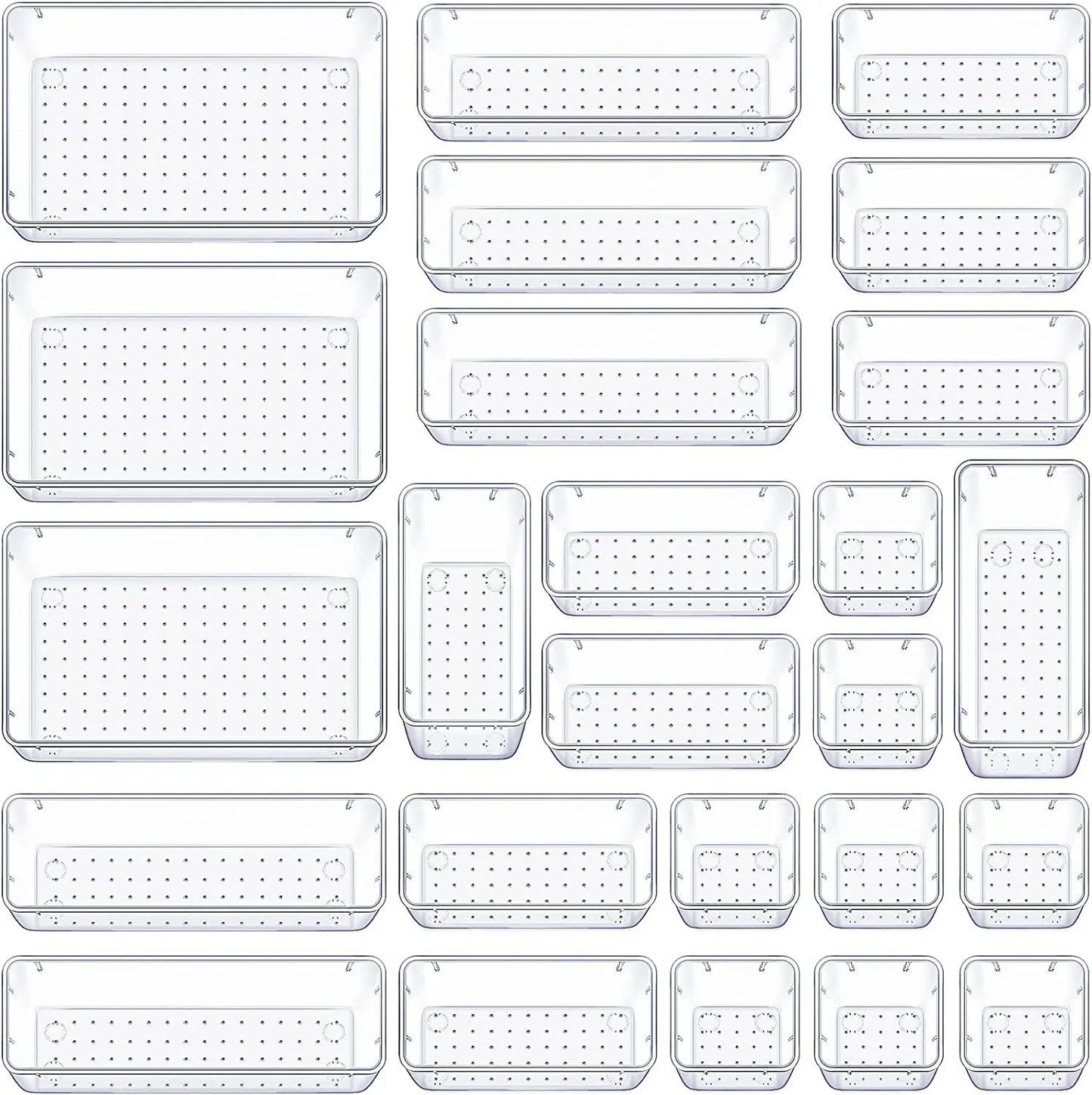 Grid of clear plastic trays with holes on a white background