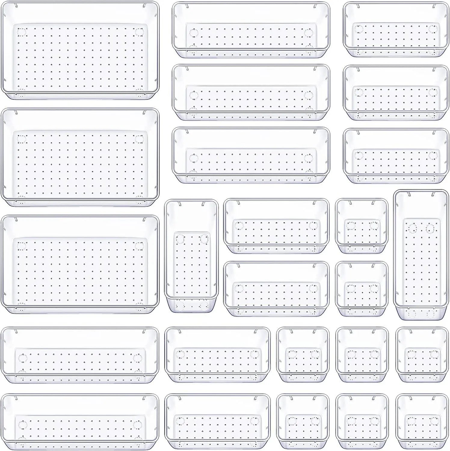 Grid of clear plastic trays with holes on a white background