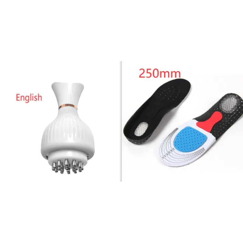 Massage device and insoles on a white background with measurements indicated.