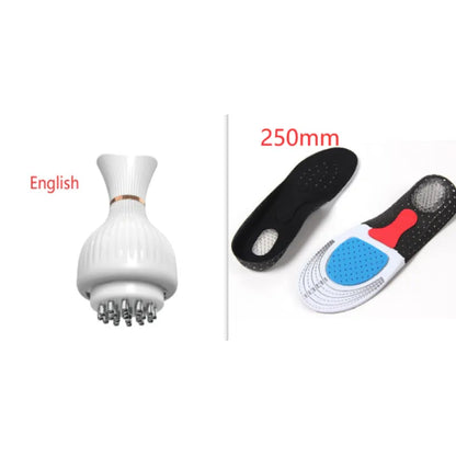 Massage device and insoles on a white background with measurements indicated.