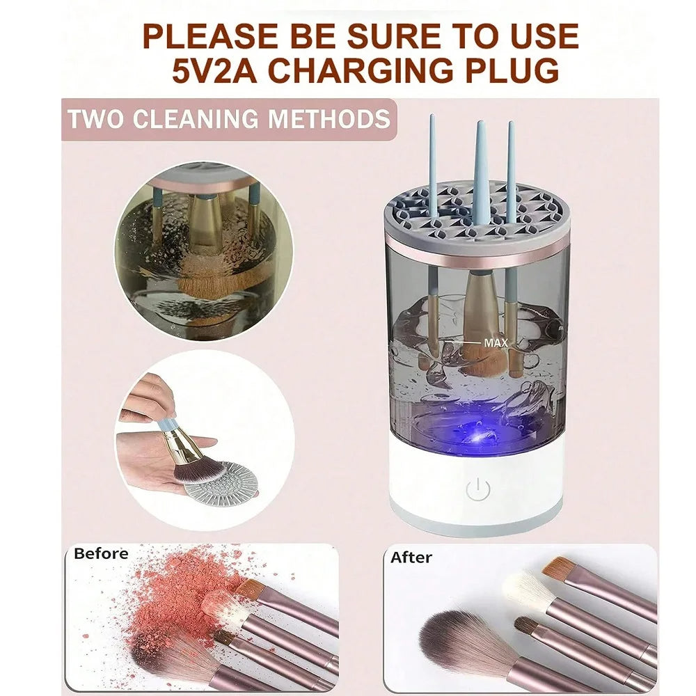Makeup brush cleaning device with charging plug instructions and before-after comparison.