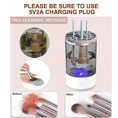 Makeup brush cleaning device with charging plug instructions and before-after comparison.