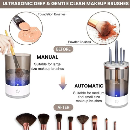 Makeup brush cleaner with manual and automatic cleaning modes, showing before and after effects.