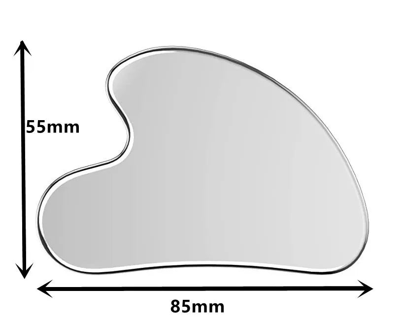 Measurement chart of a heart-shaped gua sha tool with dimensions 55mm and 85mm on a white background