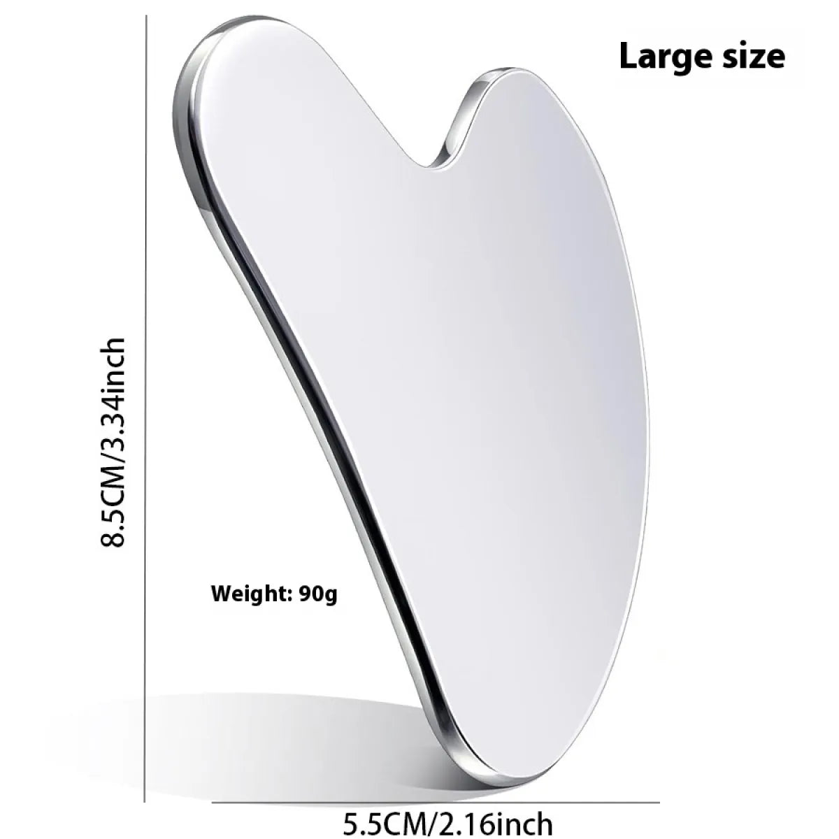Heart-shaped gua sha with measurements and weight details on a white background