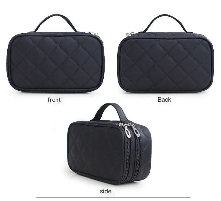 Black quilted cosmetic bag shown from front, back, and side views on a white background.