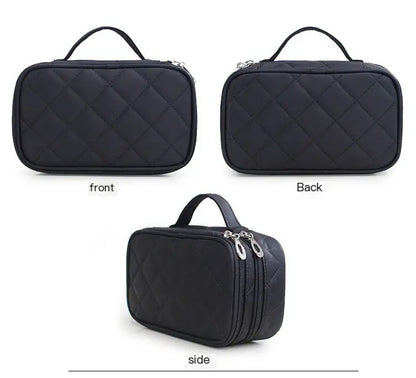 Black quilted cosmetic bag shown from front, back, and side views on a white background.