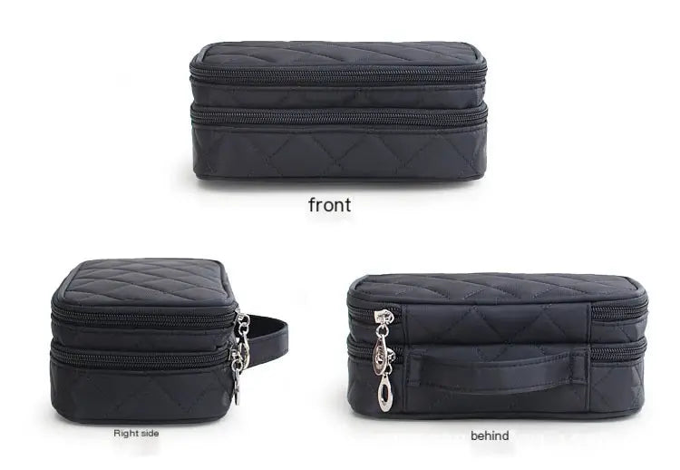 Black quilted travel case shown from front, right side, and behind on a white background.