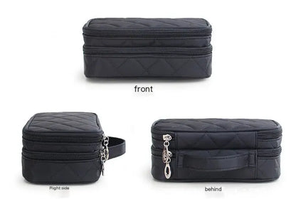 Black quilted travel case shown from front, right side, and behind on a white background.