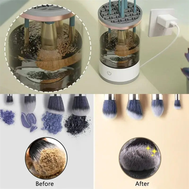 Cleaning device with before and after effects on makeup brushes.