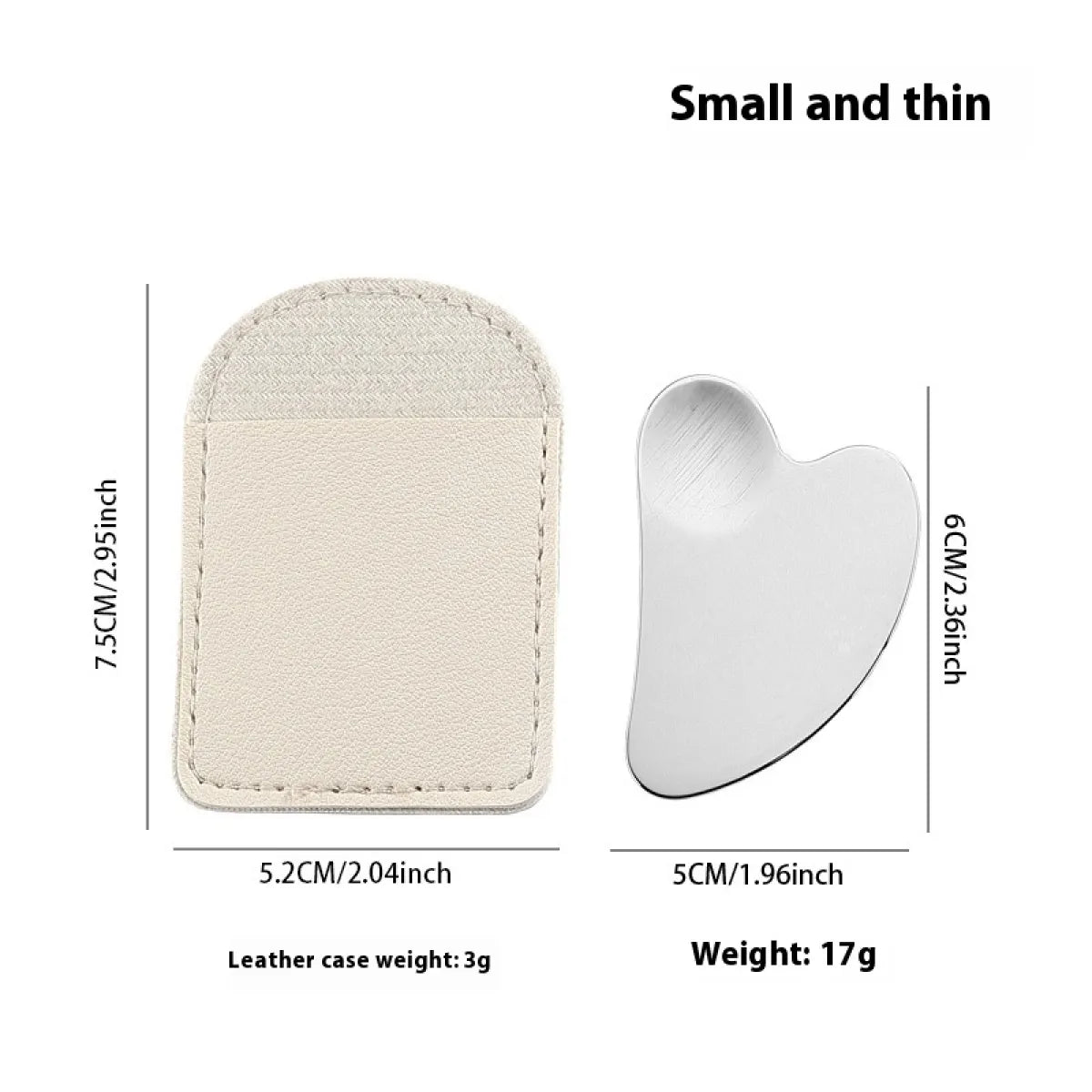 Small and thin leather case with a gua sha tool, showing dimensions and weight on a white background.