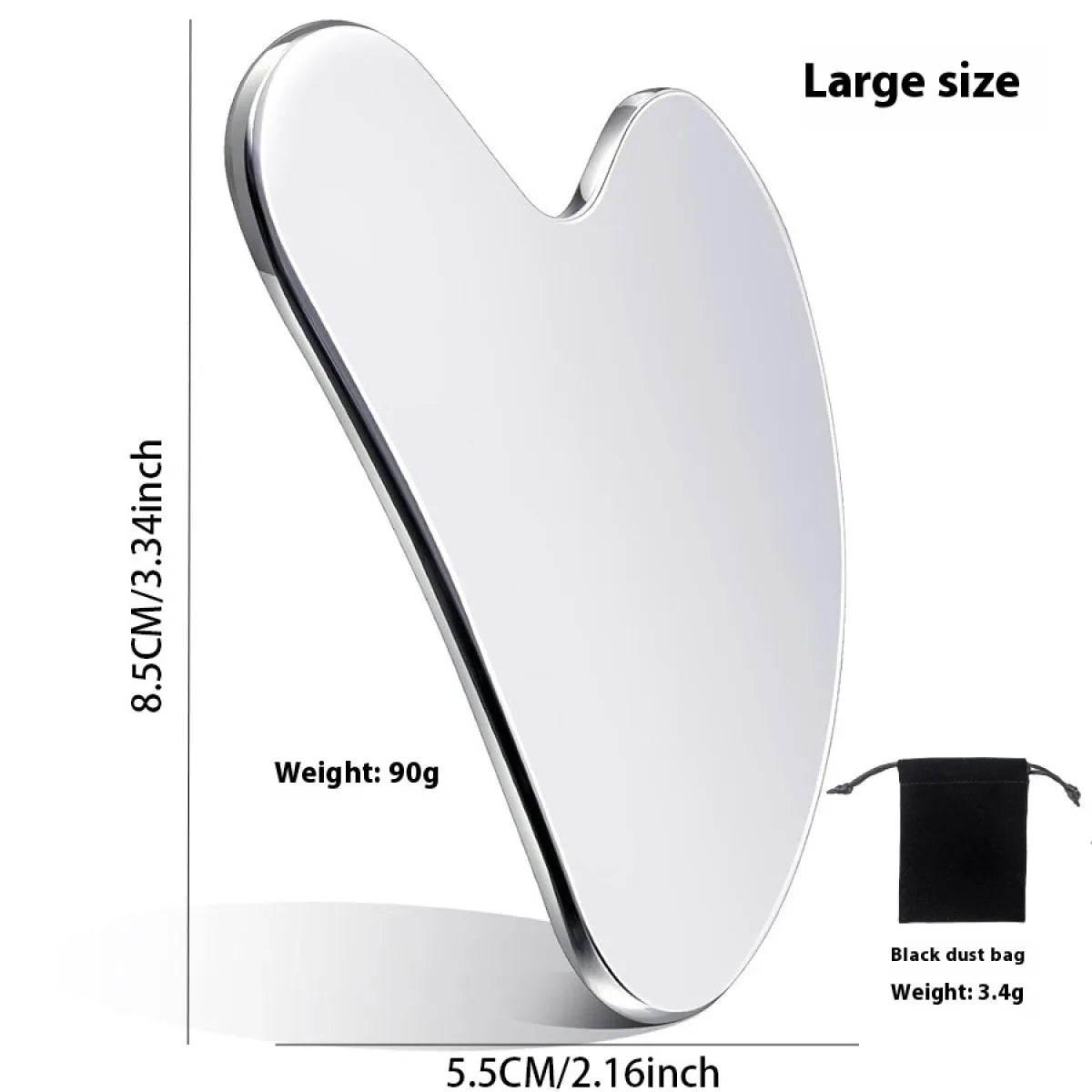 Heart-shaped gua sha tool with dimensions and weight information on a white background