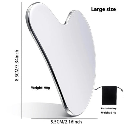 Heart-shaped gua sha tool with dimensions and weight information on a white background