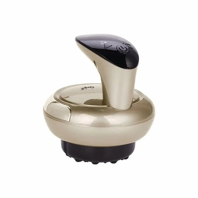 Gold and black electric gua sha massager on a white background