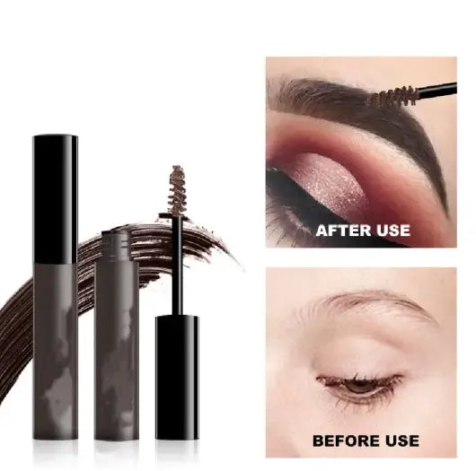 Eyebrow gel with 'before' and 'after' usage images on a white background