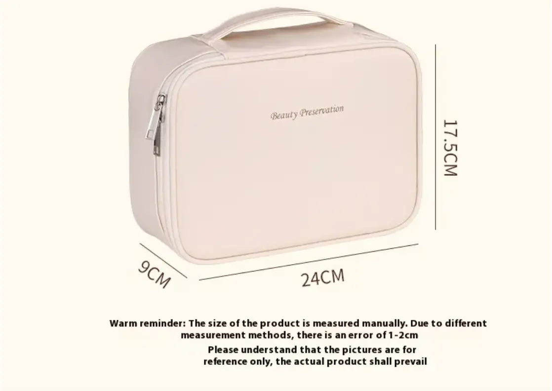 Beige cosmetic bag with dimensions and brand name on a white background