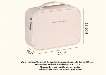 Beige cosmetic bag with dimensions and brand name on a white background