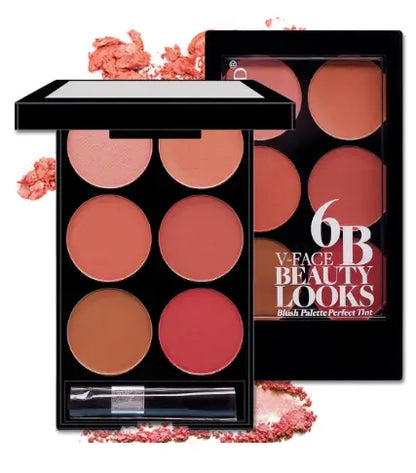 Makeup palette with blush shades and packaging on a white background