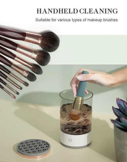 Handheld cleaning device for makeup brushes with text indicating suitability for various types of brushes.