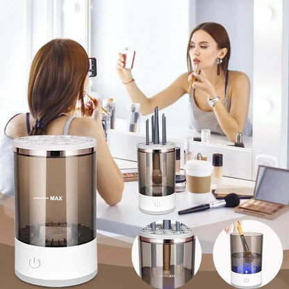 Woman applying makeup in front of a mirror with a cylindrical device on a desk.