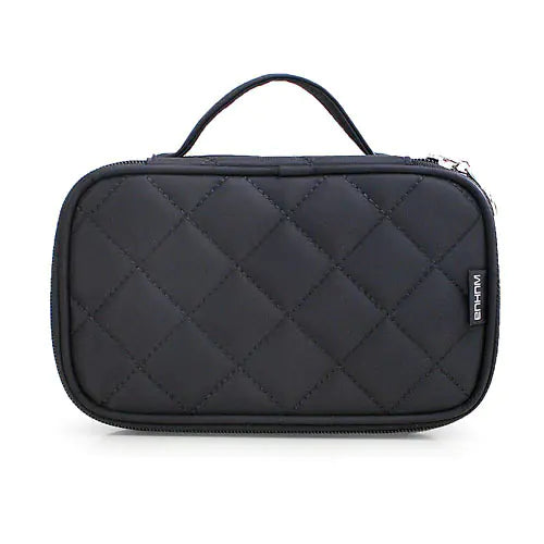Black quilted cosmetic bag on a white background