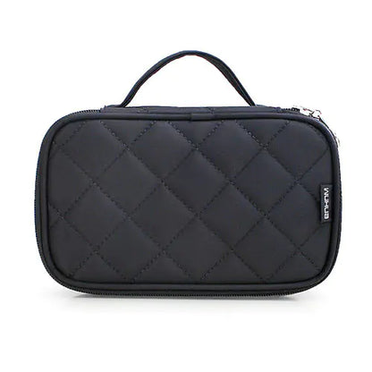Black quilted cosmetic bag on a white background