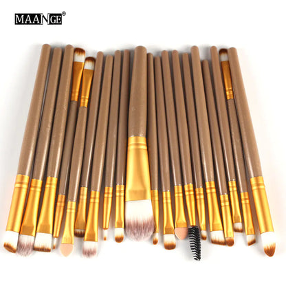 Set of makeup brushes with brown and gold handles on a white background, featuring the MAANGE brand.