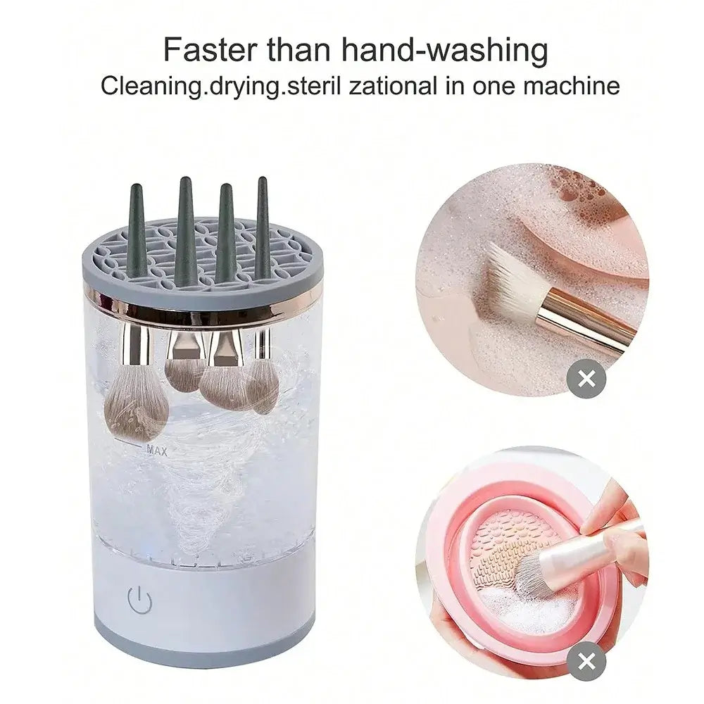 Cosmetic brush cleaning machine with images of brushes being cleaned, dried, and sterilized.