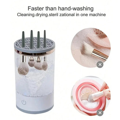 Cosmetic brush cleaning machine with images of brushes being cleaned, dried, and sterilized.