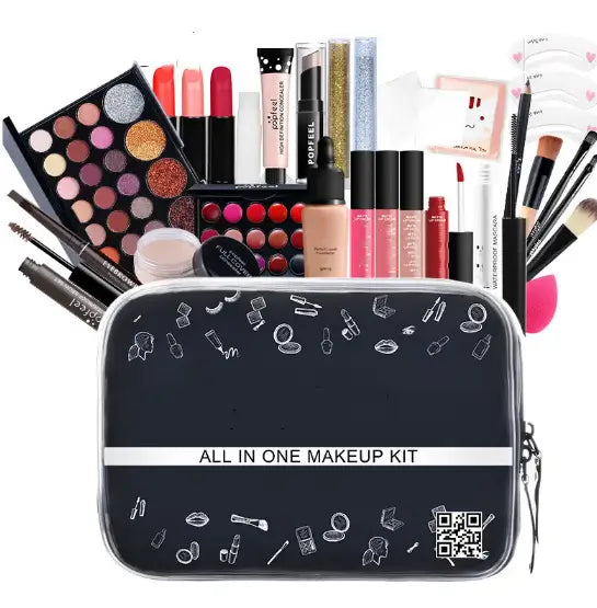 Makeup kit with various cosmetic items and a black pouch labeled 'All in One Makeup Kit'.