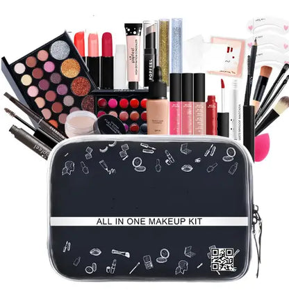 Makeup kit with various cosmetic items and a black pouch labeled 'All in One Makeup Kit'.