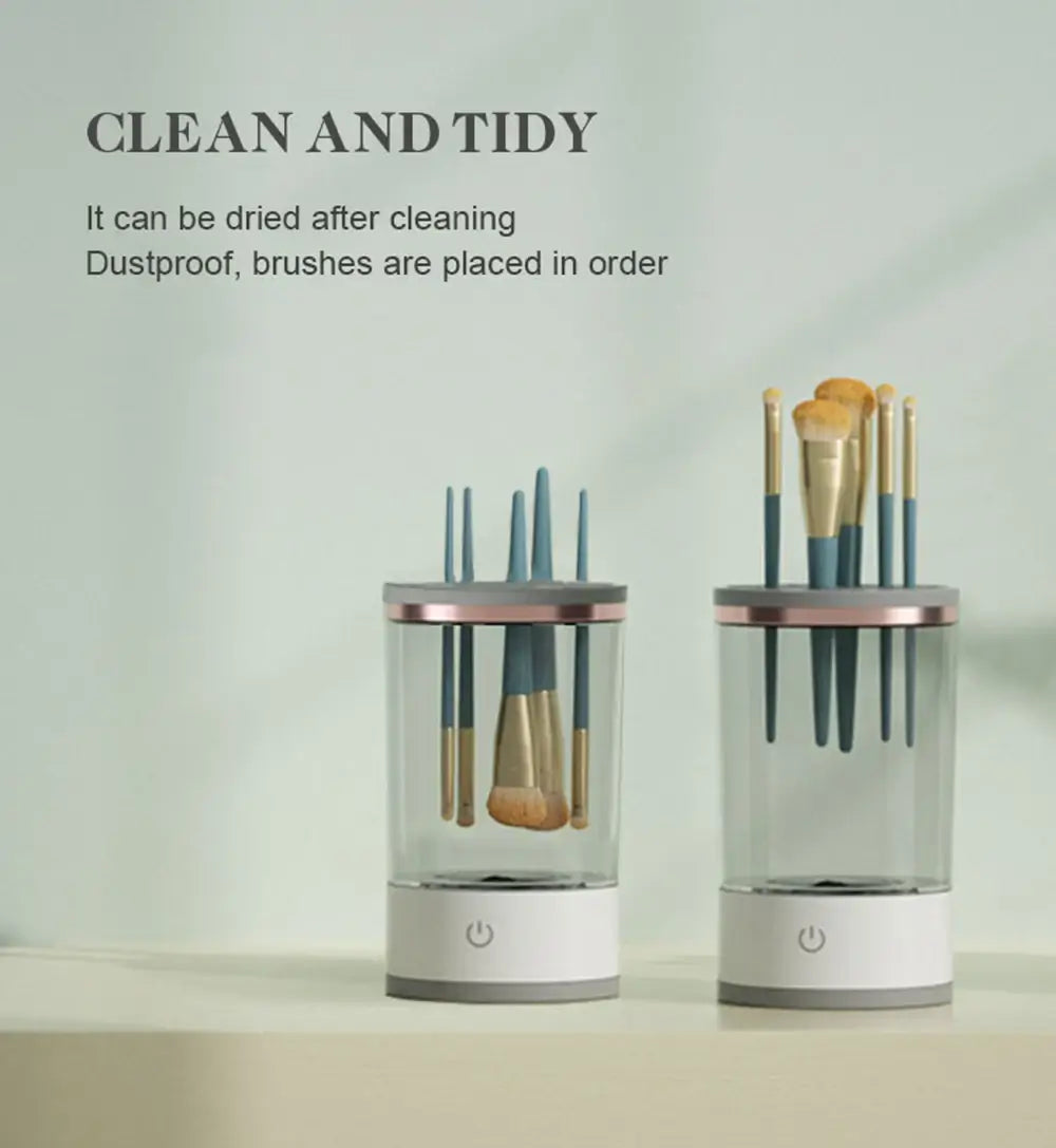 Two cylindrical brush dryers with makeup brushes inside on a light gray background.