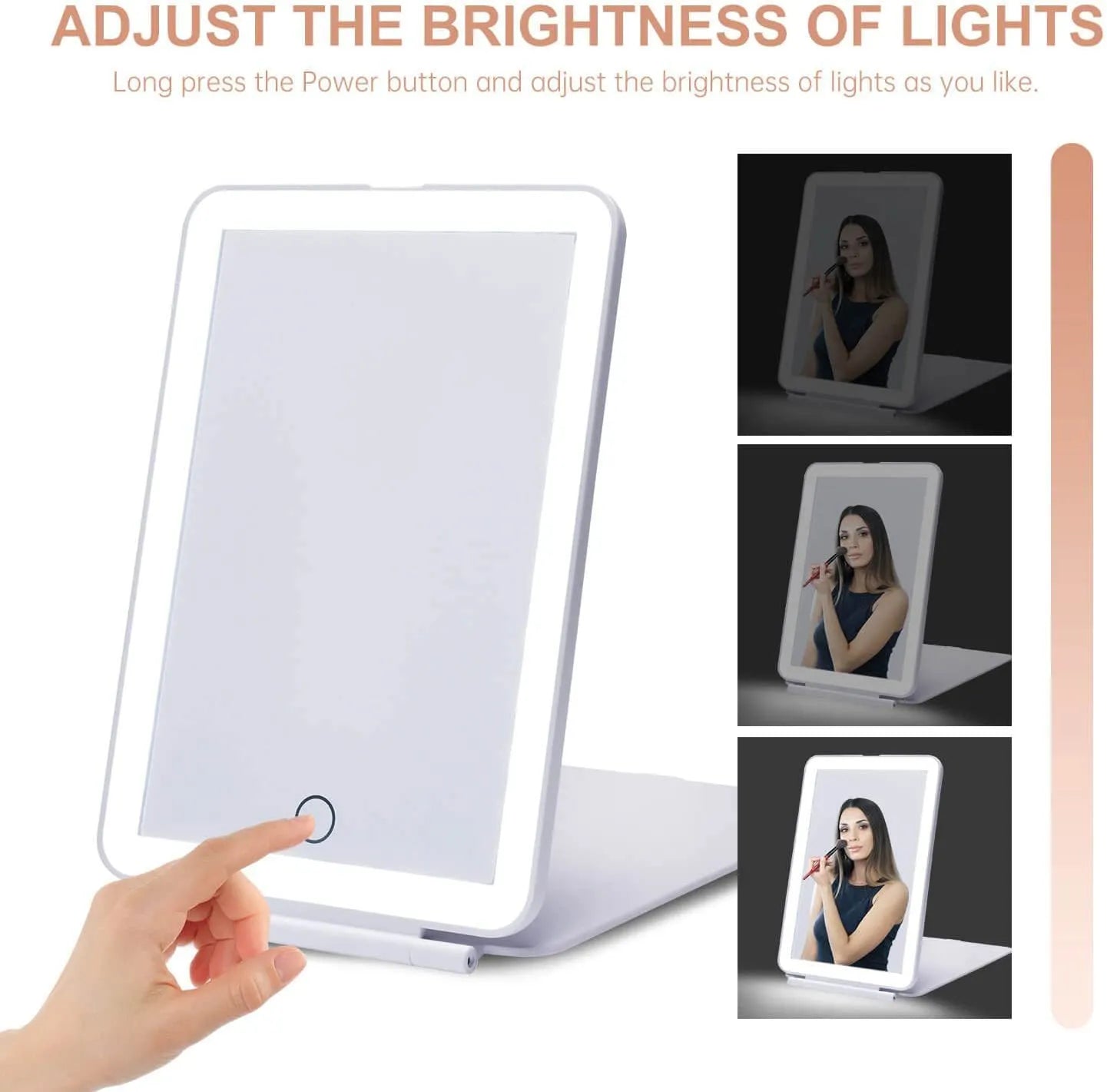 Light-up mirror with brightness adjustment feature, shown in use.