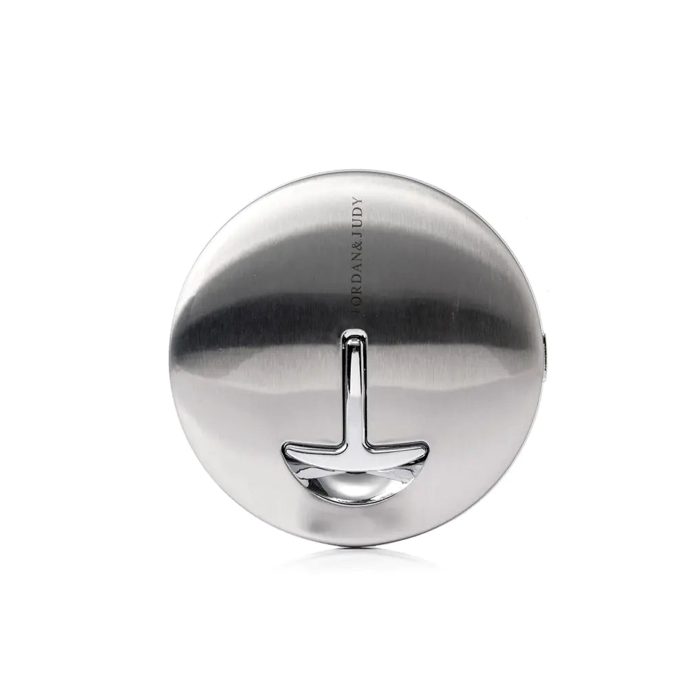 Silver LED folding makeup mirror with a logo on a white background