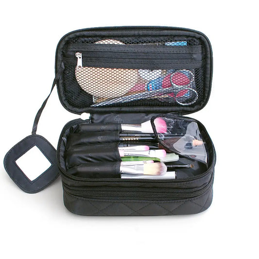 Black makeup bag with brushes and tools on a white background