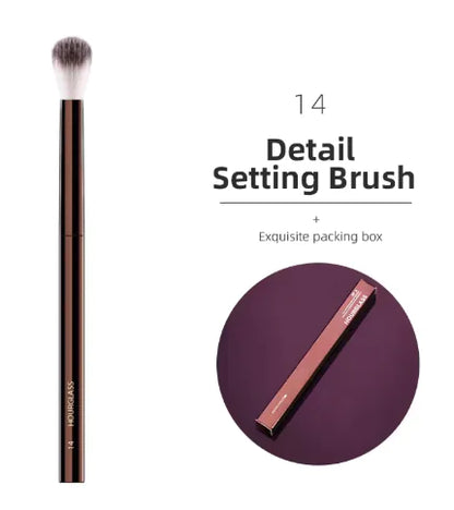 Makeup brush with '14 Detail Setting Brush' text and 'Exquisite packing box' on a white background.