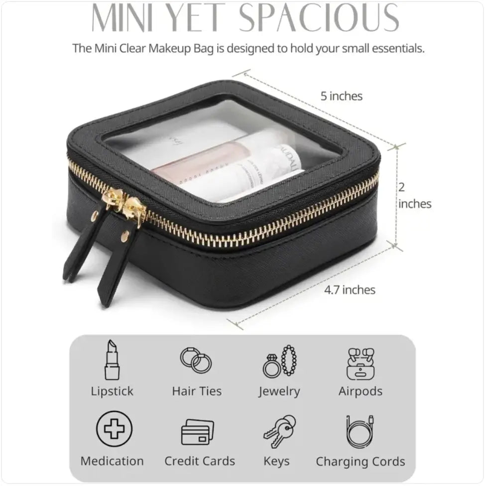 Black clear makeup bag with measurements and product examples on a white background